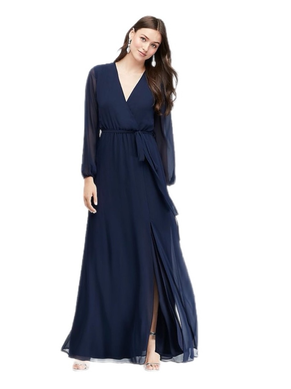 David's Bridal Navy Long Sheer Sleeve V-Neck Faux Wrap Maxi Dress NWT Size 18